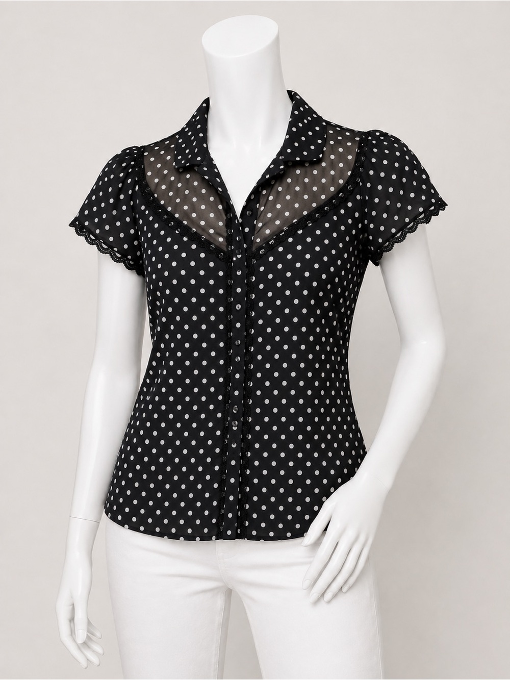 Ann Taylor Loft Women's Black Polka Dot Cap Sleeve Blouse Top Size 2